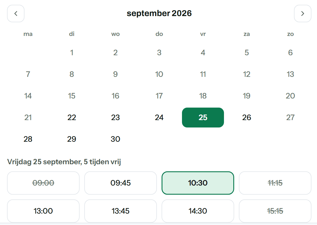 De boekingswidget met een maandkalender en de vrije tijden van die dag