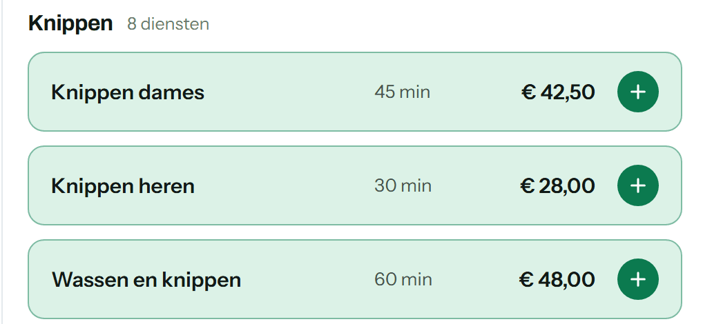 De dienstenlijst in de kassa met duur en prijs per behandeling