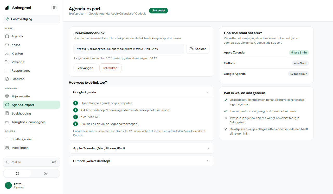 Het scherm waarin je de agenda-export aanzet en de link kopieert