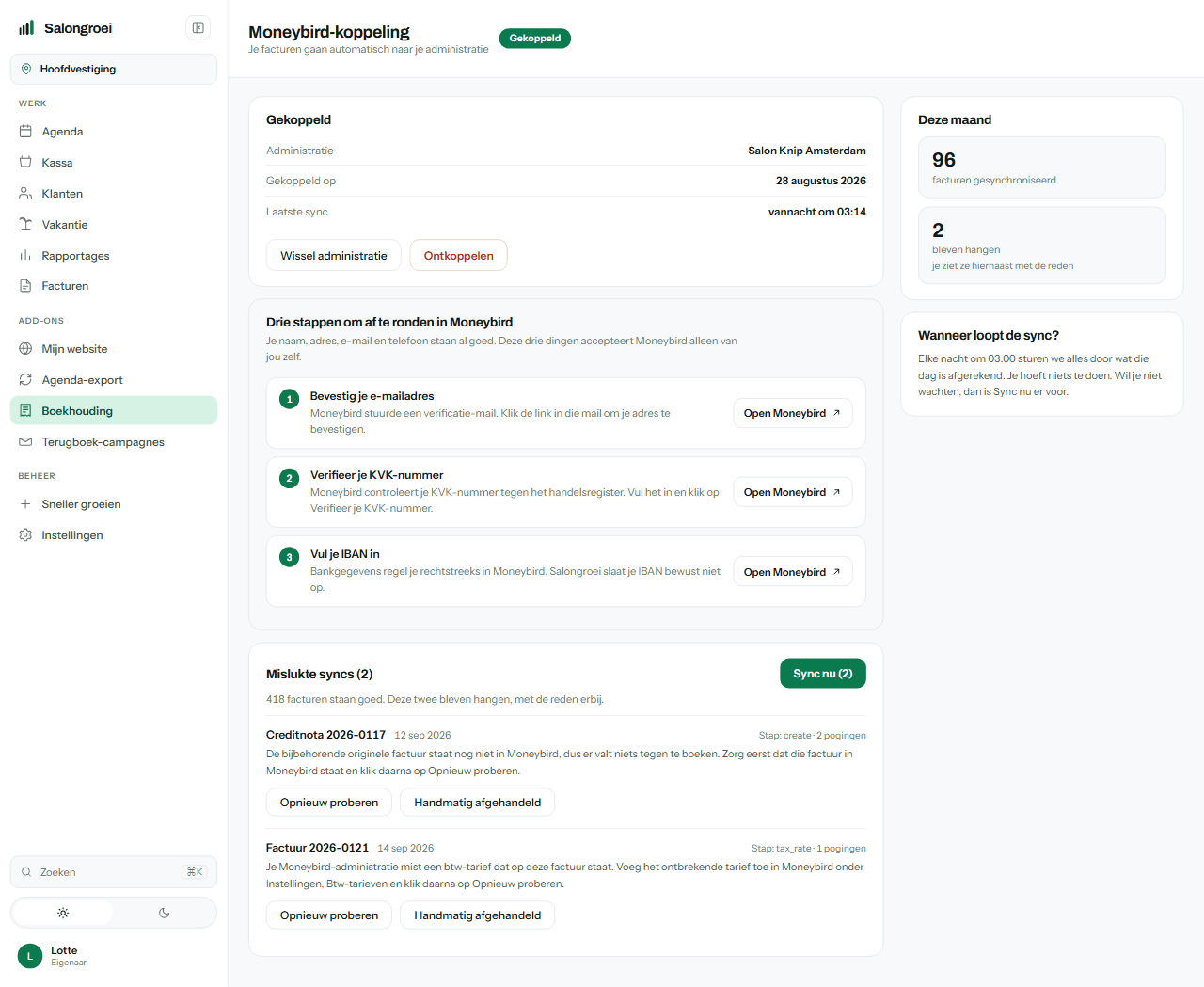 De Moneybird-koppeling met de doorgestuurde facturen