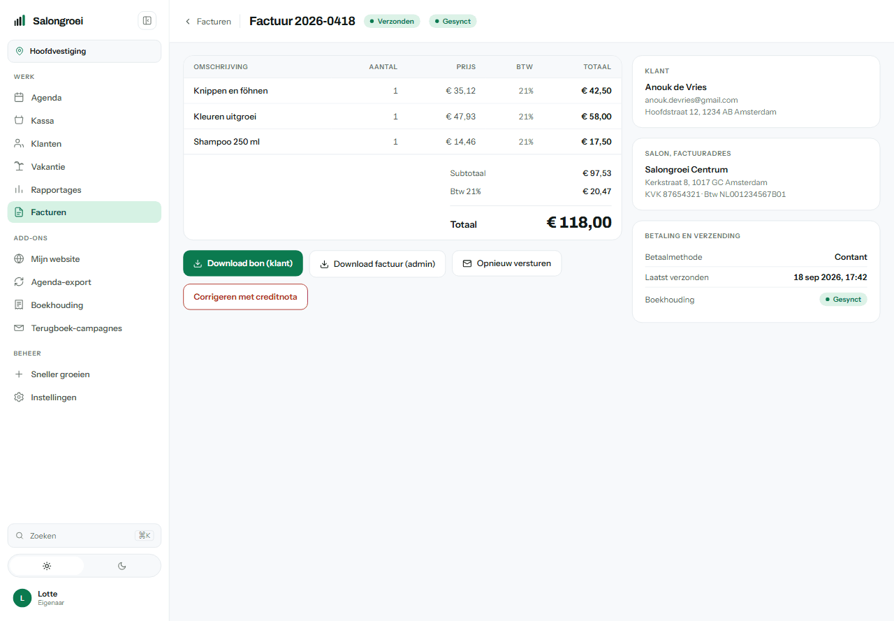 Eén factuur met de regels, de btw en de status