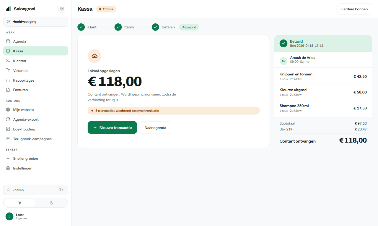 De kassa met de melding dat hij offline doorrekent