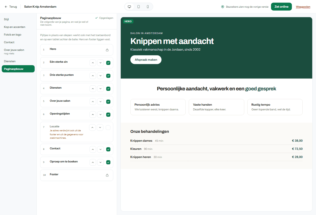 De studio waarin je de blokken van je website samenstelt