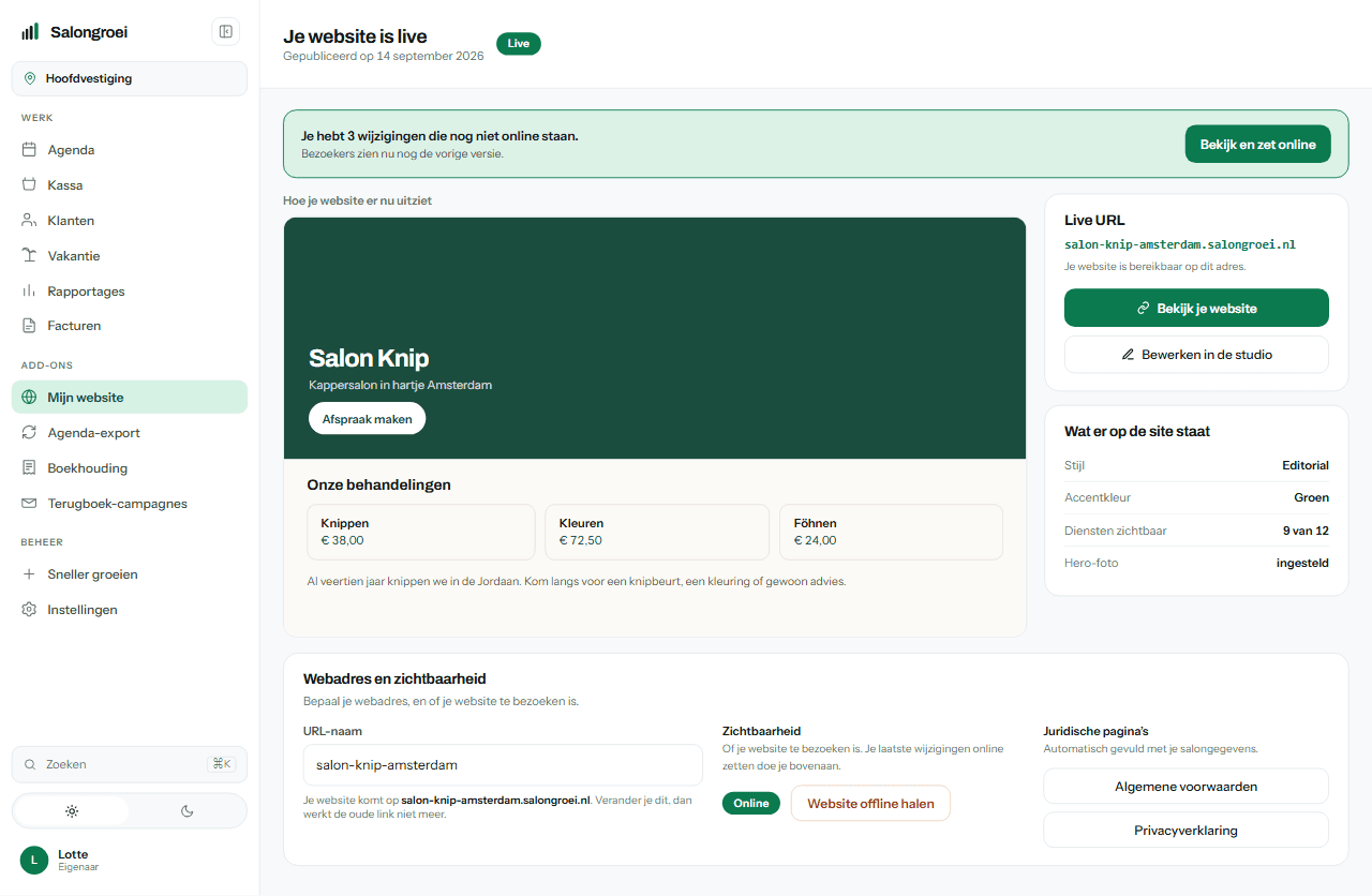 De salonwebsite met de boekingsknop in de kop
